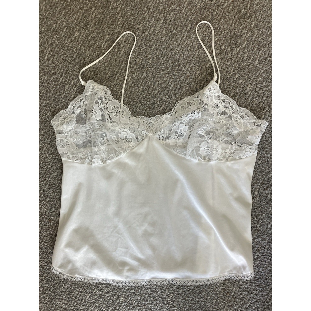 Vintage 70s Wonder Maid White Satin Lace Camisole Antron Nylon Coquette M